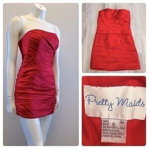 PRETTY MAIDS gorgeous red strapless satin style dress. Worn once. Built in bra.